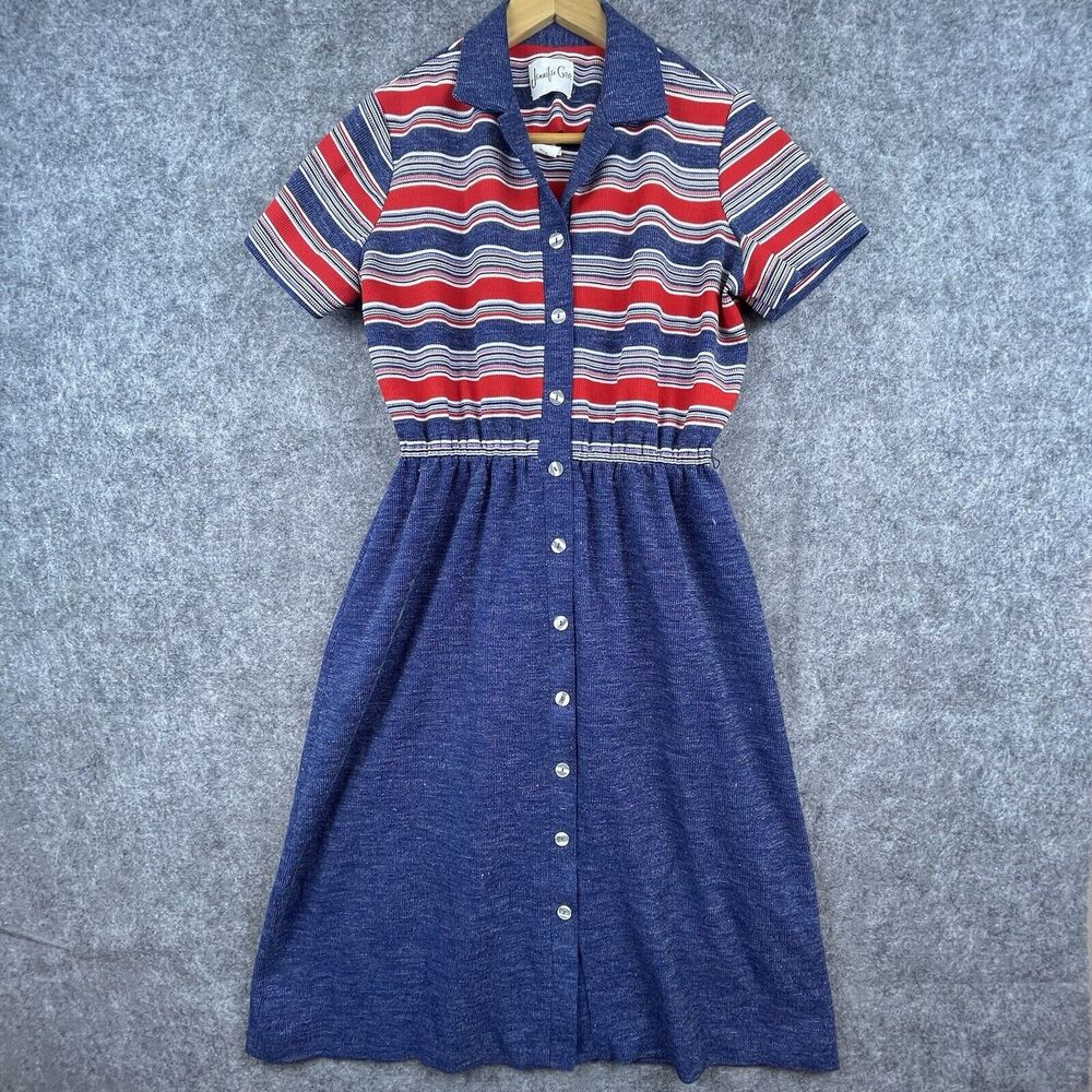 Vintage Jennifer Gee Dress Womens 14 Blue Red Collared 70s Schoolgirl‎ Academia